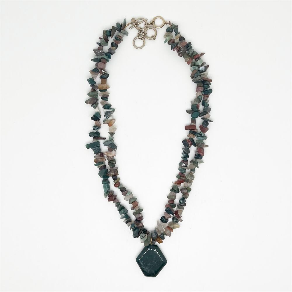 Handmade Beaded Chip Multi Strand Necklace With Green Pendant Handcrafted